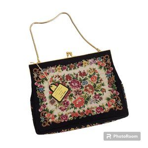 Vtg Black & Floral Roses Tapestry Petit Needle Point Evening Bag Hong Kong NWT